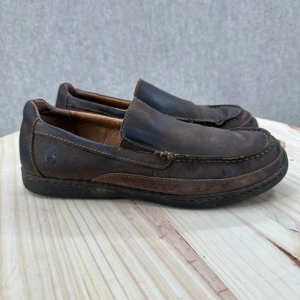 BORN Mens Dark Brown Leather Slip On Loafer Shoes Comfort Moc Toe 10.5